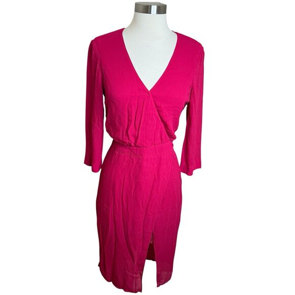 Bebe Dress Womens 6 Raspberry Pink Chiffon Faux Wrap Midi Sheer 3/4 Sleeve Lace - Picture 1 of 13